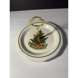 Vintage Christmas Tree Tidbit Tray 8.5" Gold Handle Green Trim Holiday Plate